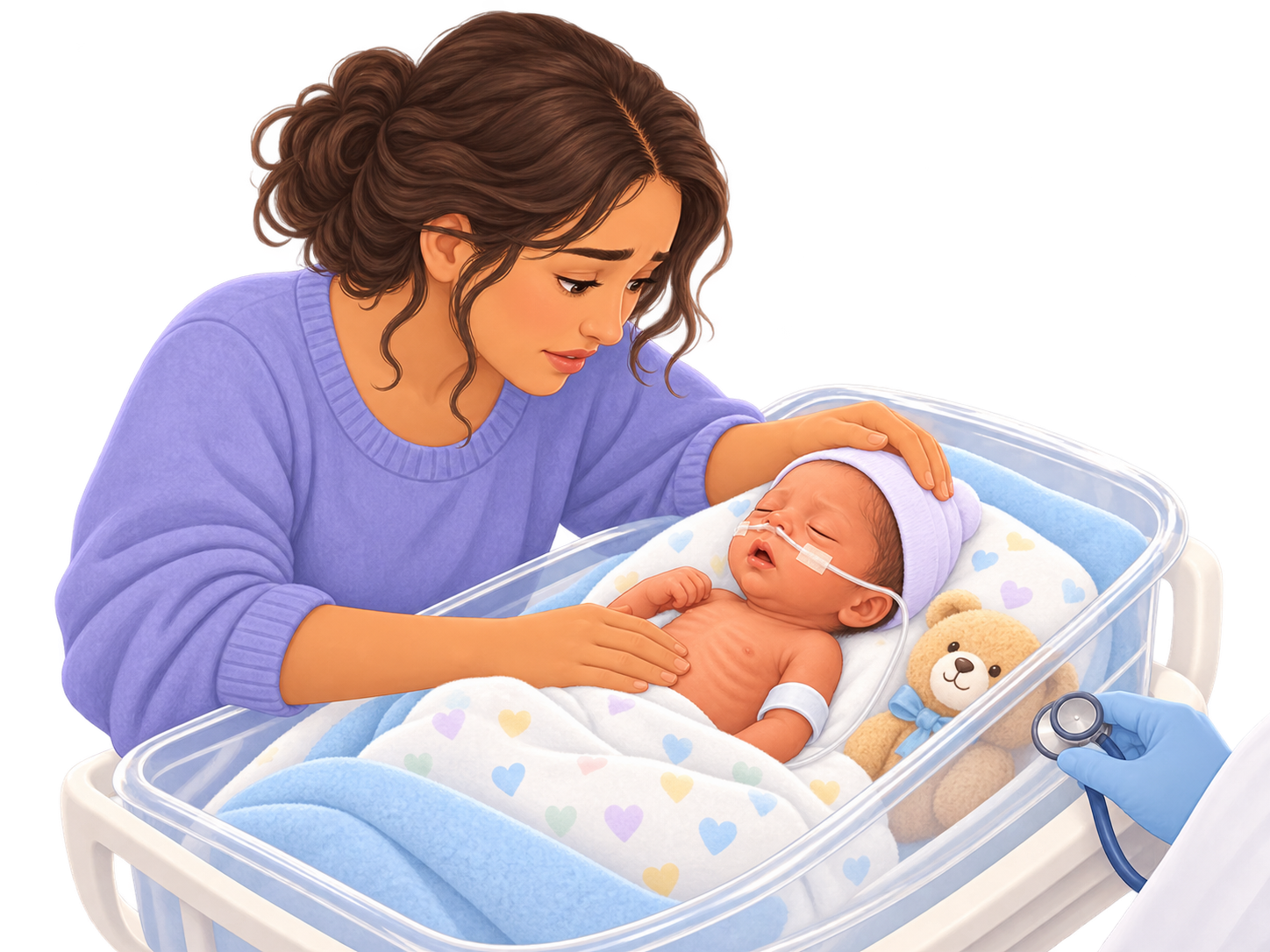 Worried parent checking a premature baby who may need medical help.